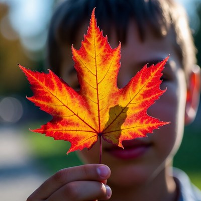 Boy holds colorful leaf in autumn