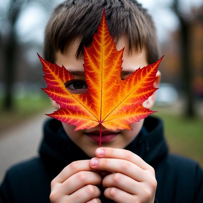 Boy holds big leaf in park