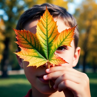 Boy holding a leaf in autumn