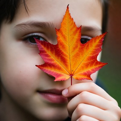 Child holding a leaf in fall