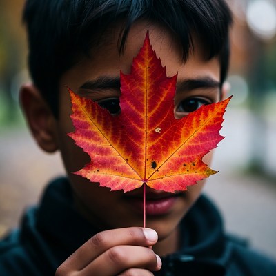 Child holds red maple leaf outdoors