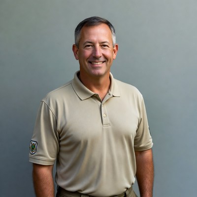 Man in beige shirt smiles