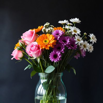 Colorful flowers in a clear vase