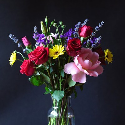 Colorful bouquet of flowers in glass vase