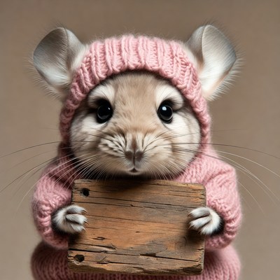 Cute chinchilla in sweater holds sign