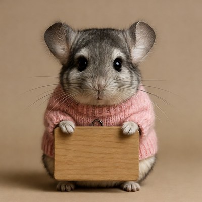 Chinchilla with wooden sign in sweater