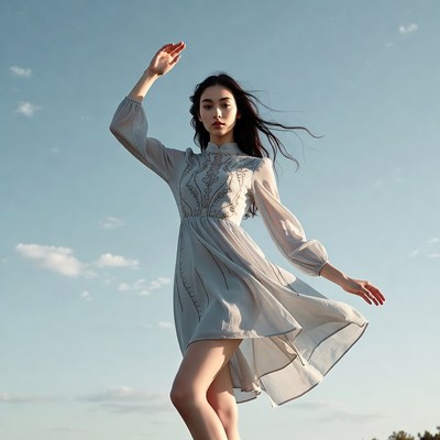 Woman in dress dancing outdoors