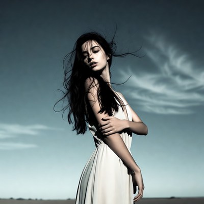 Wind blowing through long hair in a desert space