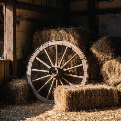Old wooden wheel and haystack in barn