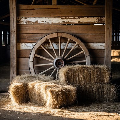 Old wooden wheel and hay bales