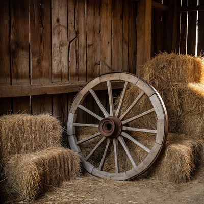 Wooden wheel and hay bales in barn