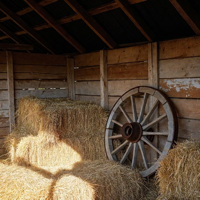 Old barn with hay and wheel