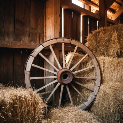 Old wooden wheel in barn