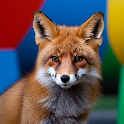 Fox poses near colorful shapes