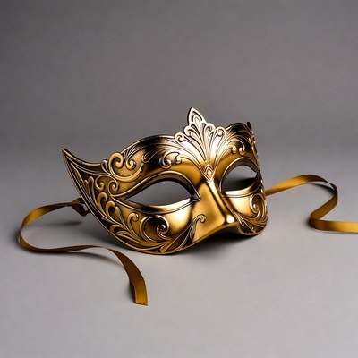 Gold mask with ribbon on display