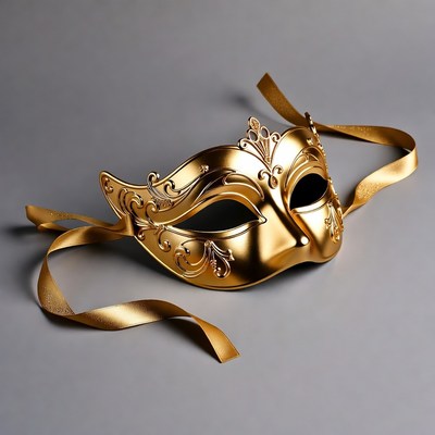 Golden mask on gray surface with ribbons