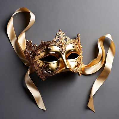 Gold mask with ribbon on gray background