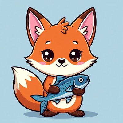 Cute fox holding a fish