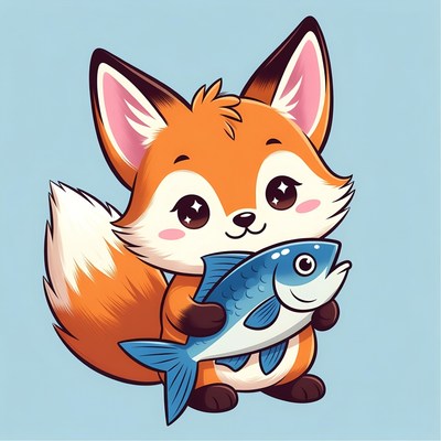 Cute fox holding a fish