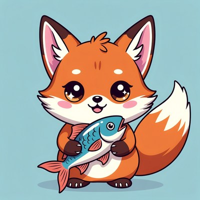 Cute fox holding a fish