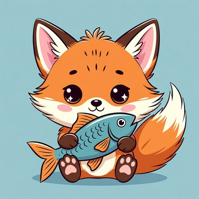 Cute fox holding a fish