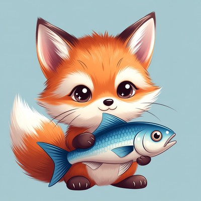 Fox holding a fish on a blue background