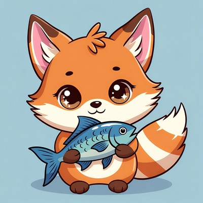Cute fox holding a fish toy