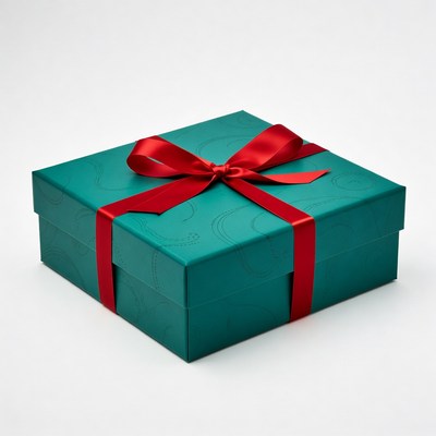 Bright teal gift box with red ribbon