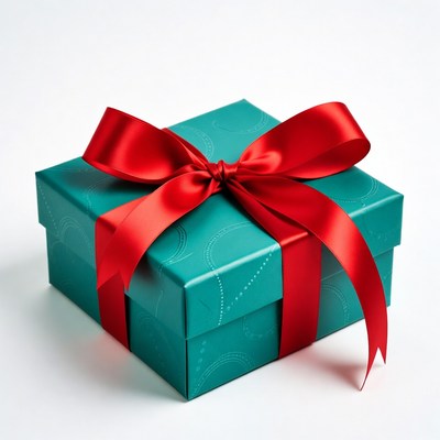 Gift box with red ribbon on white surface