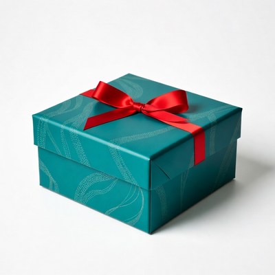 Gift box with red ribbon on display