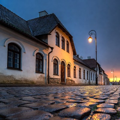 Cobblestone street at sunset