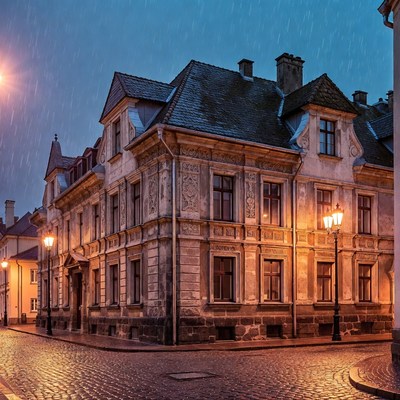 Historic building in evening rain