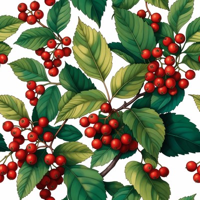 Bunches of red berries with green leaves