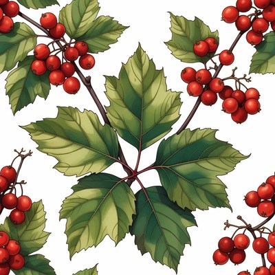Red berries on green leaves pattern
