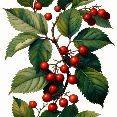 Red berries on green leaves branch