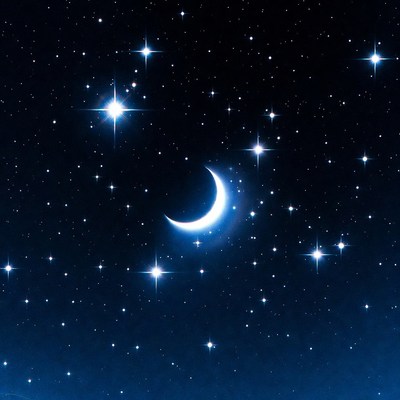 Crescent moon and stars at night