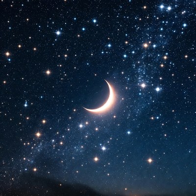 Crescent moon and stars at night