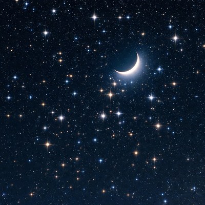Crescent moon and bright stars at night