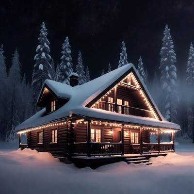 Snowy house with lights at night