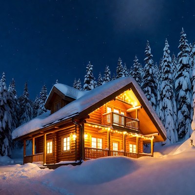Cabin in snow at night
