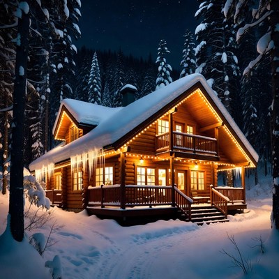 Winter cabin with lights at night