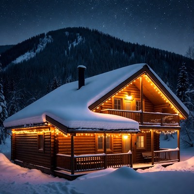Cabin with lights in winter night