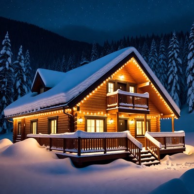 Snow-covered cabin with lights