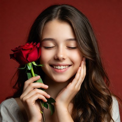 Smiling girl with rose indoors