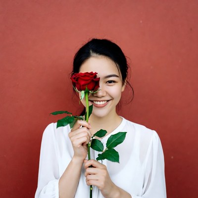Woman holding rose near red wall