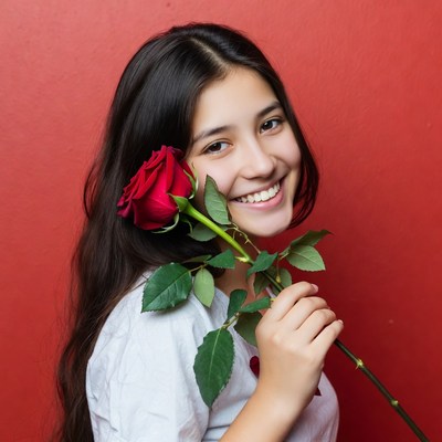 Smiling girl holding red rose
