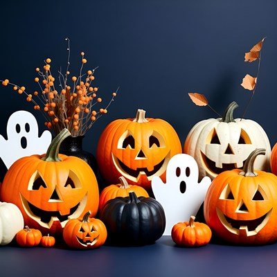 Halloween pumpkins and decorations on display