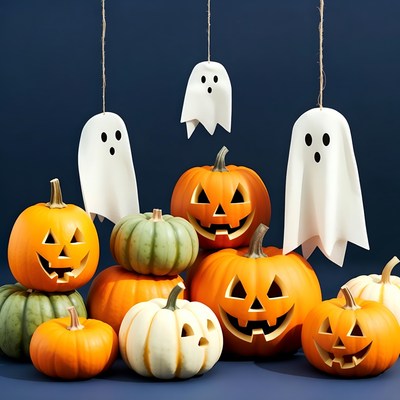 Halloween pumpkins and ghosts display