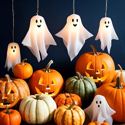 Halloween decorations with pumpkins and ghosts