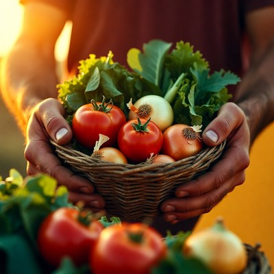 Fresh vegetables in a basket at sunset